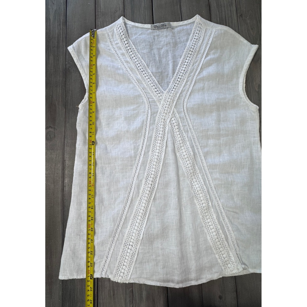 Elena Badi White 100% Linen Lace Trim V-Neck Top Made in Italy Womens Medium - Picture 6 of 8